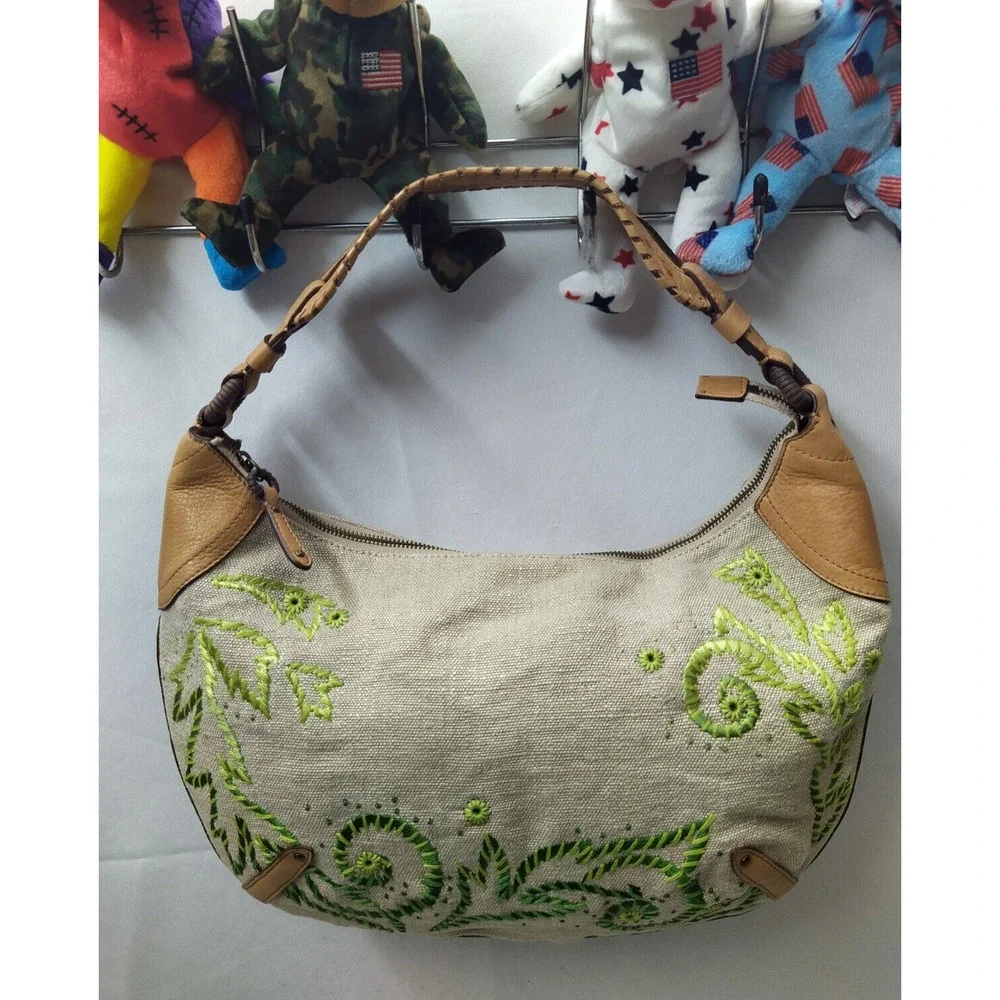 Cole Haan Multicolor Canvas Leather Trim Floral Zipper Closure Hobo Shoulder Bag